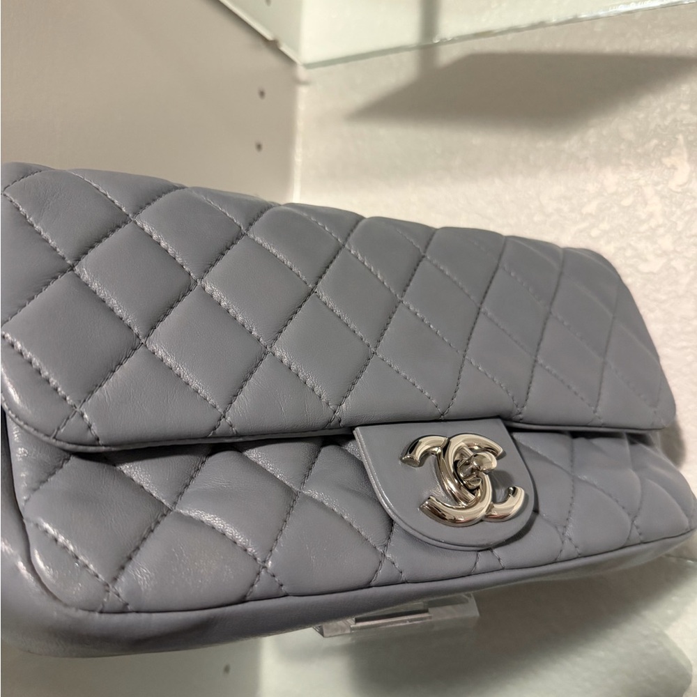 CHANEL Quilted Lambskin Flap Bag in Light Gray with Silver Hardware